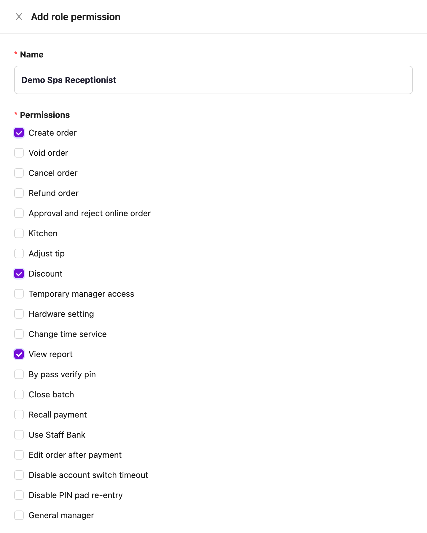 Add role permission drawer with Create order, Discount and View report ticked