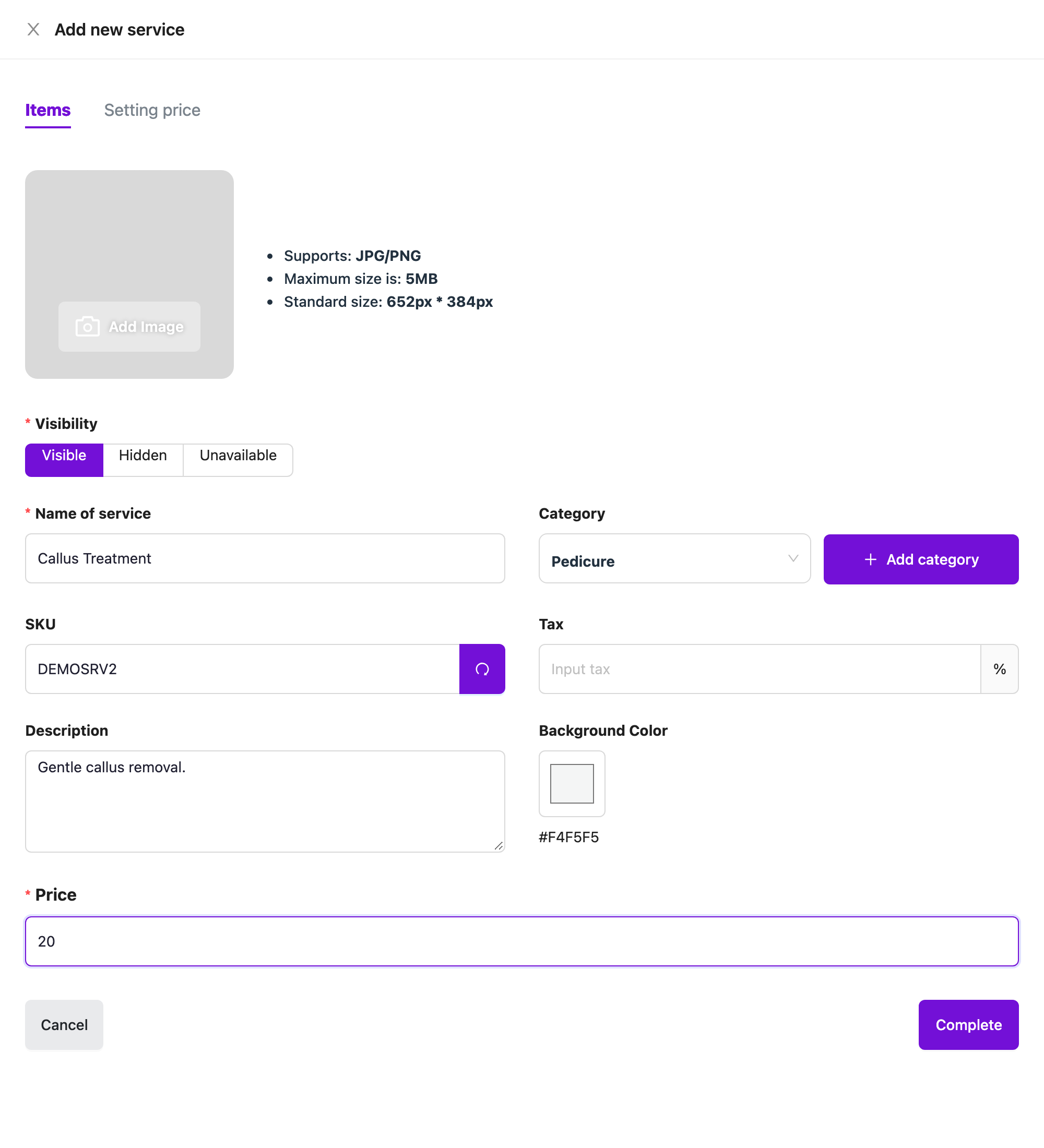 Add new service drawer with name, category, SKU, description and price
