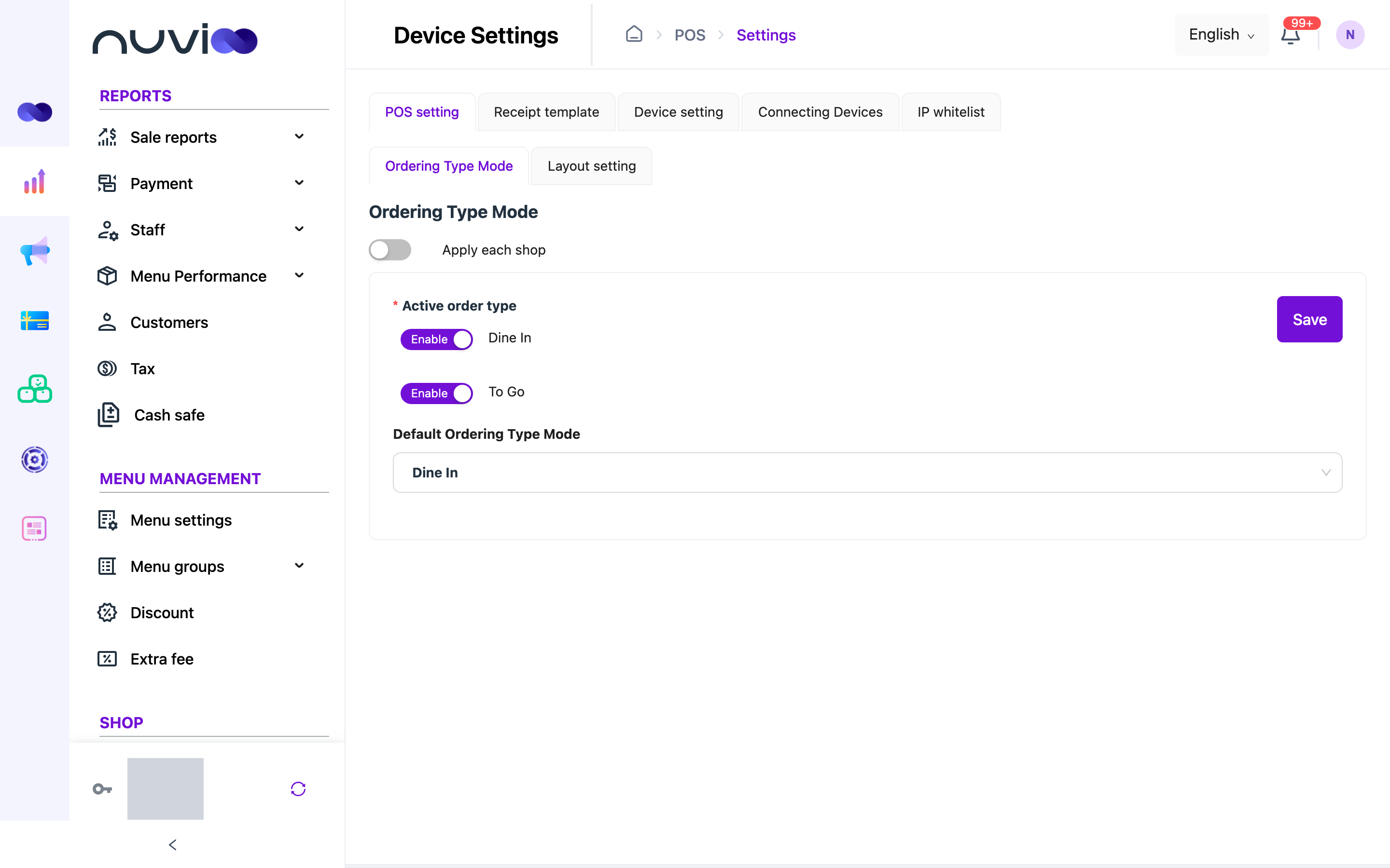POS setting tab with Ordering Type Mode, Dine in and To Go