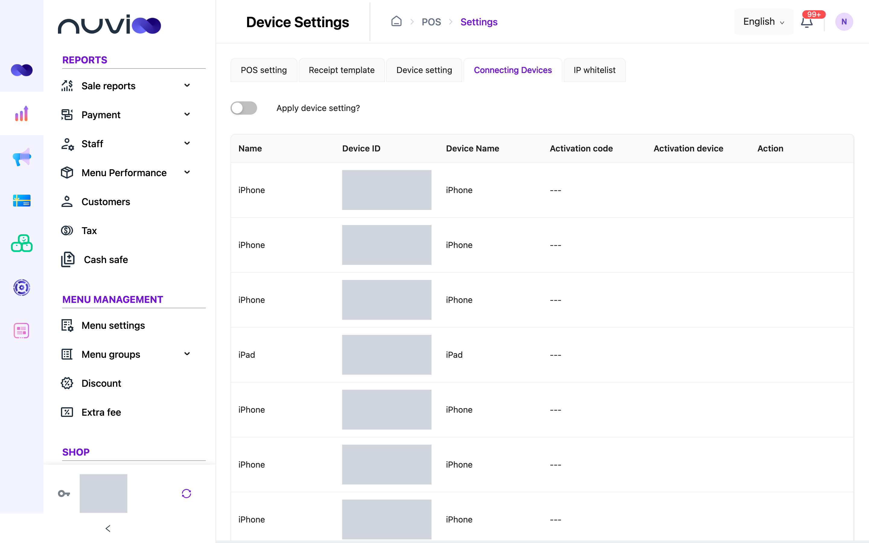 Connecting Devices tab listing iPhone and iPad devices with device IDs hidden