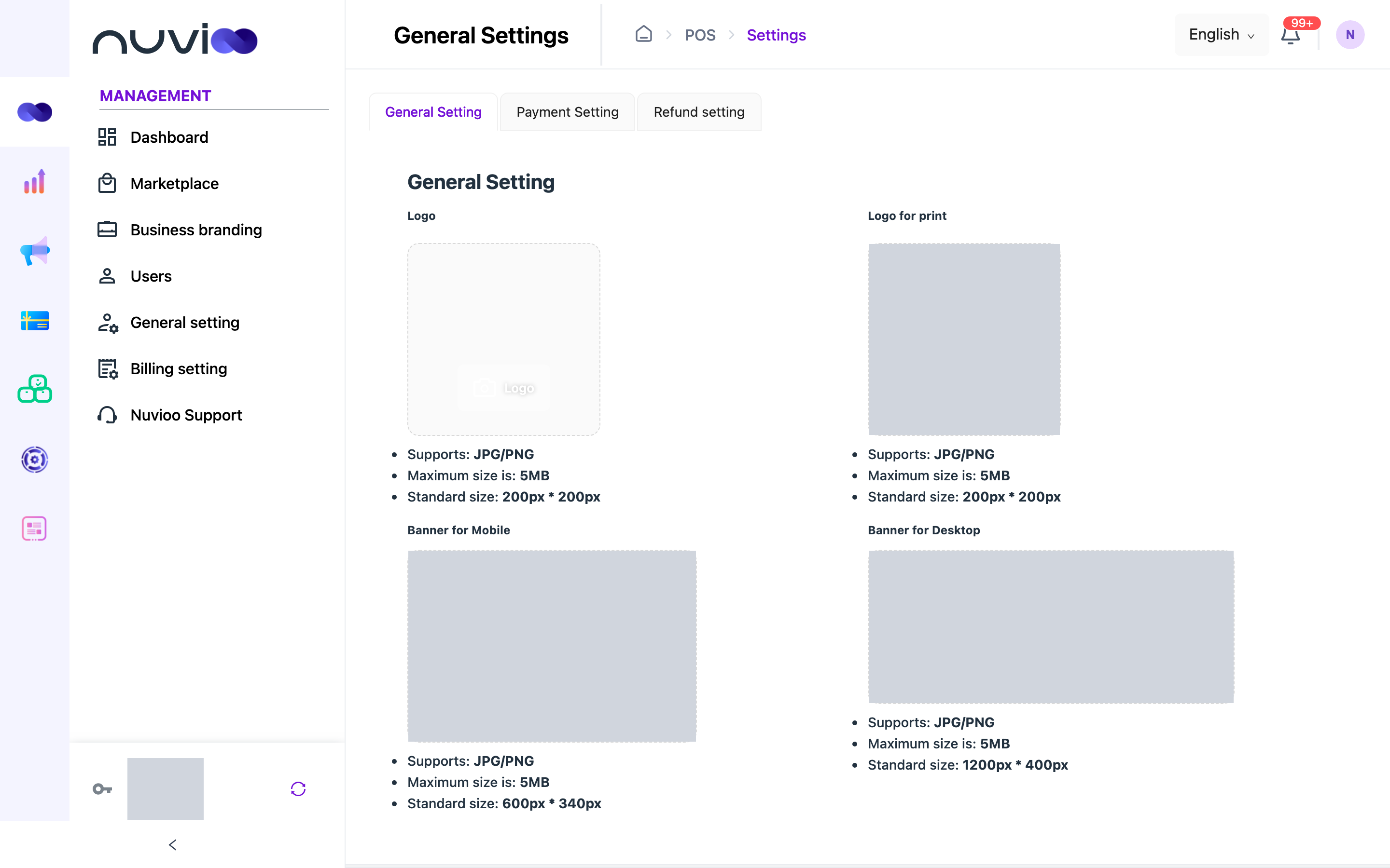 General Setting tab with logo, print logo and banner upload areas