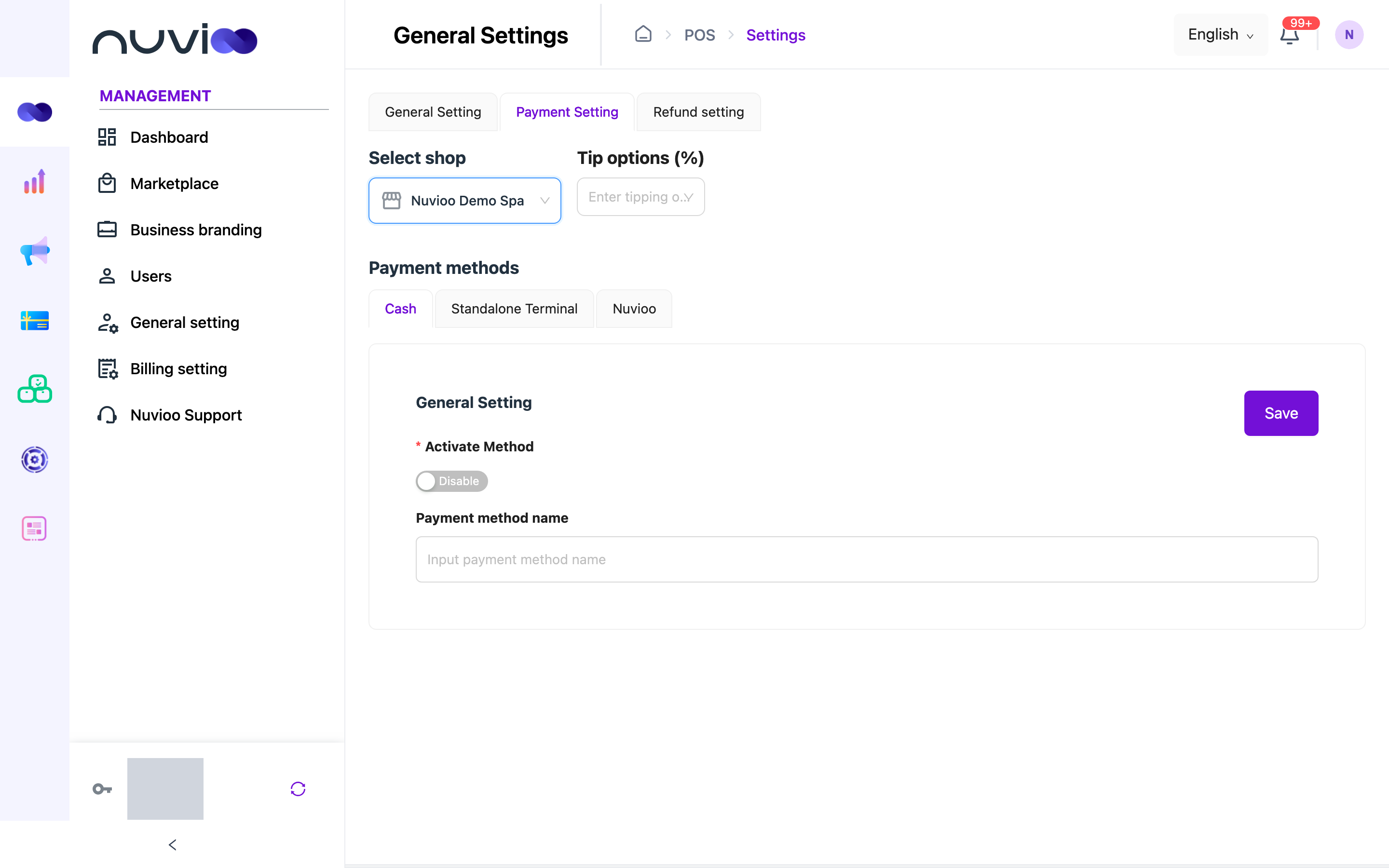 Payment Setting tab with shop selected, tip options and the Cash payment method