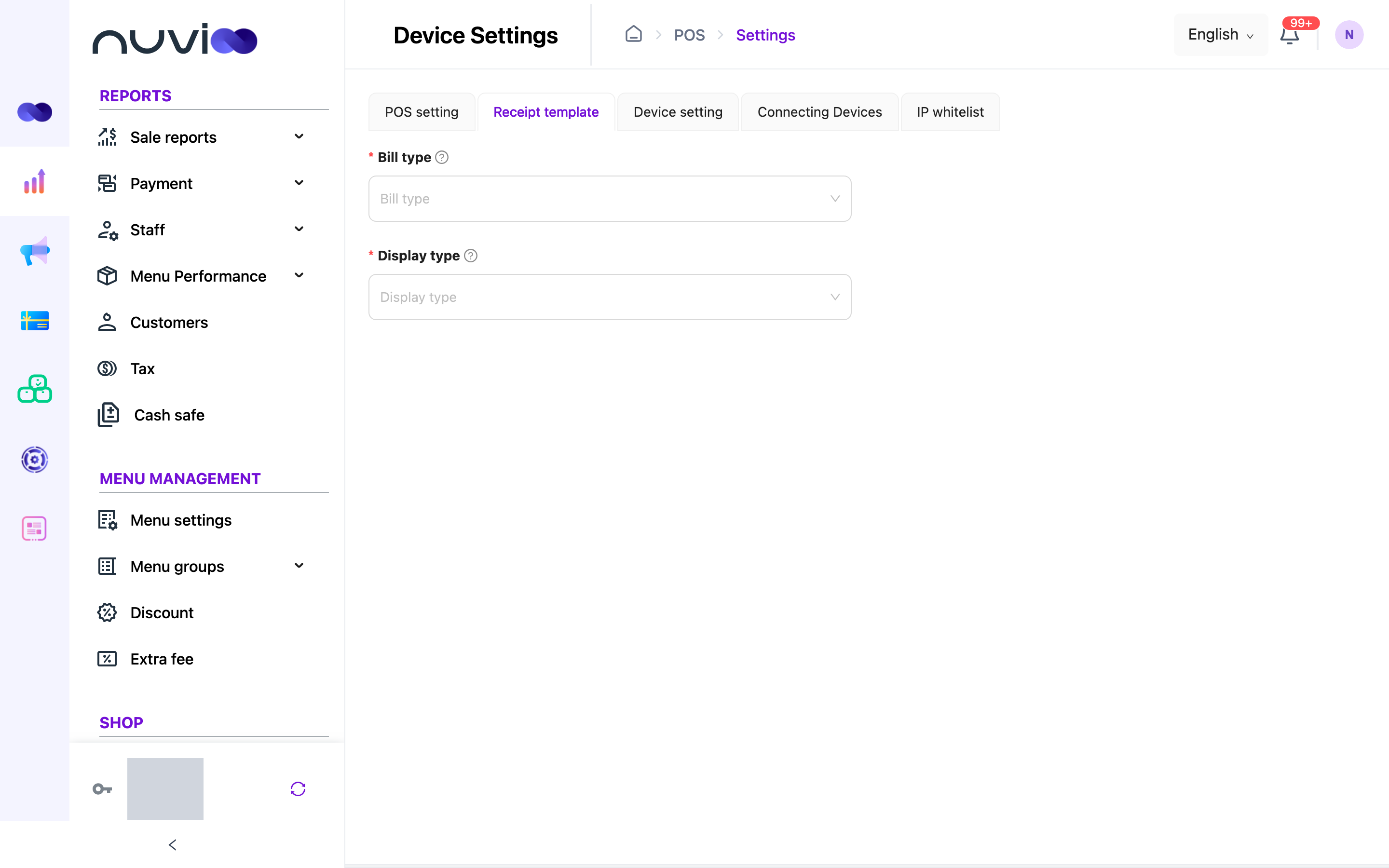 Receipt template tab with Bill type and Display type
