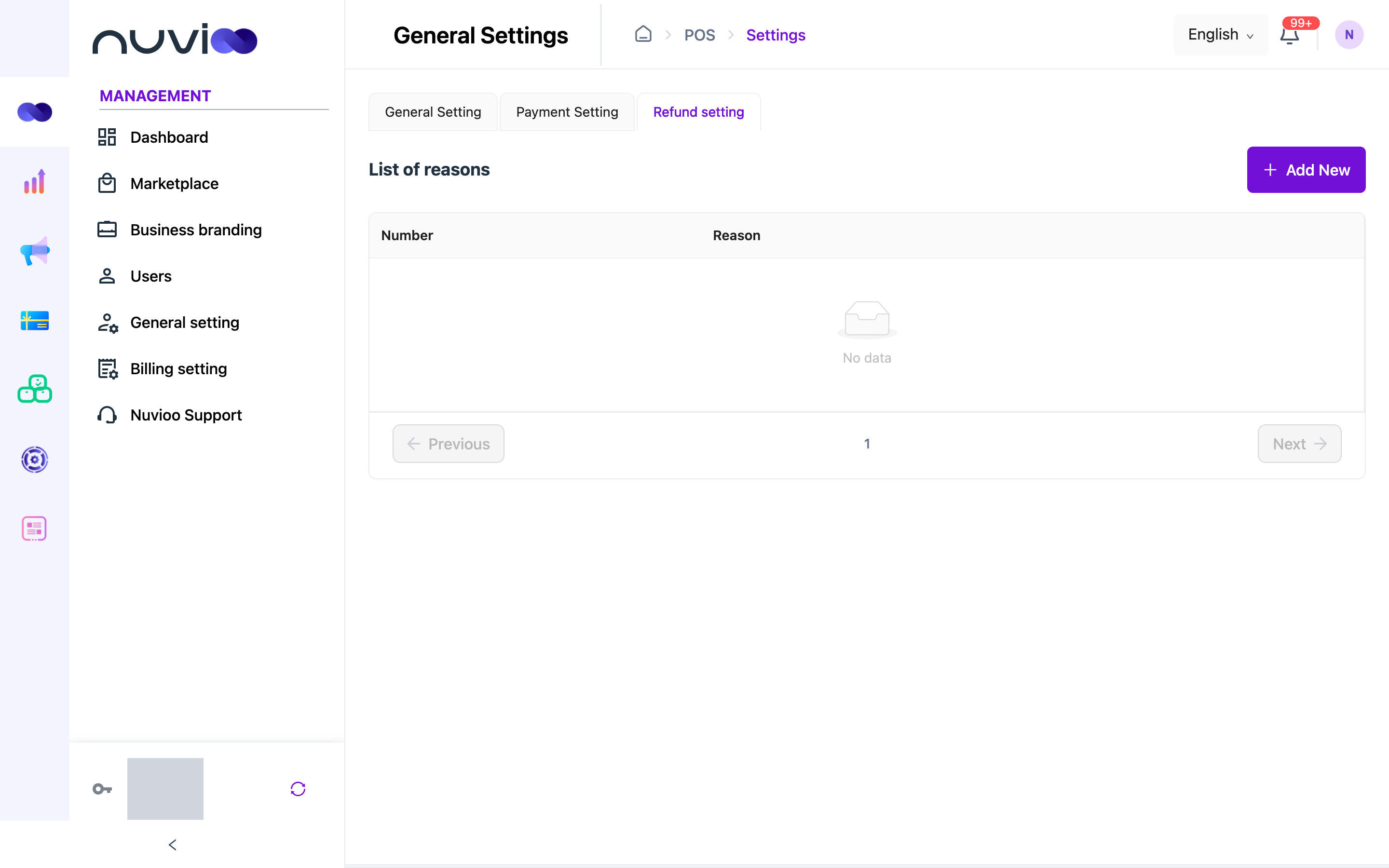 Refund setting tab with List of reasons and Add New
