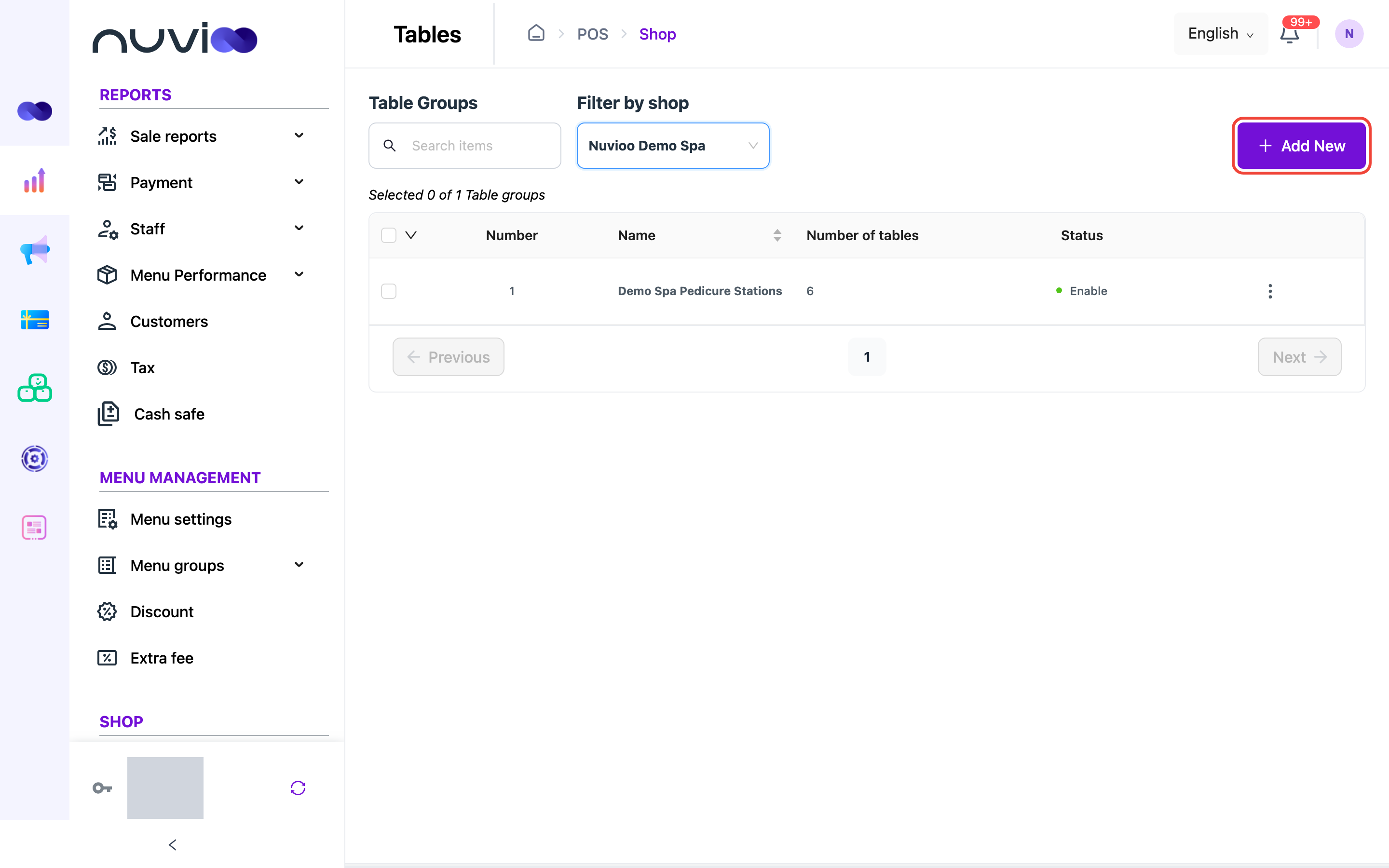 Table groups for Nuvioo Demo Spa with one group of 6 tables