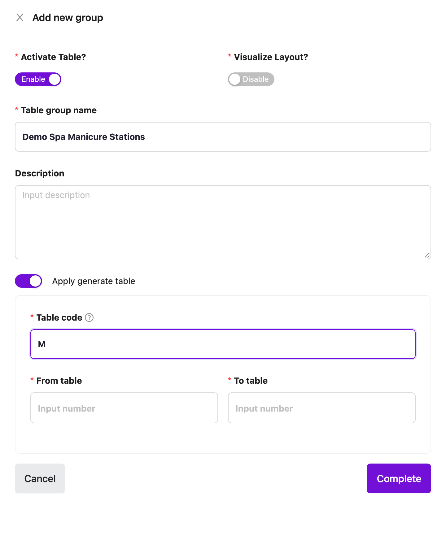 Add new group drawer with name and Apply generate table turned on