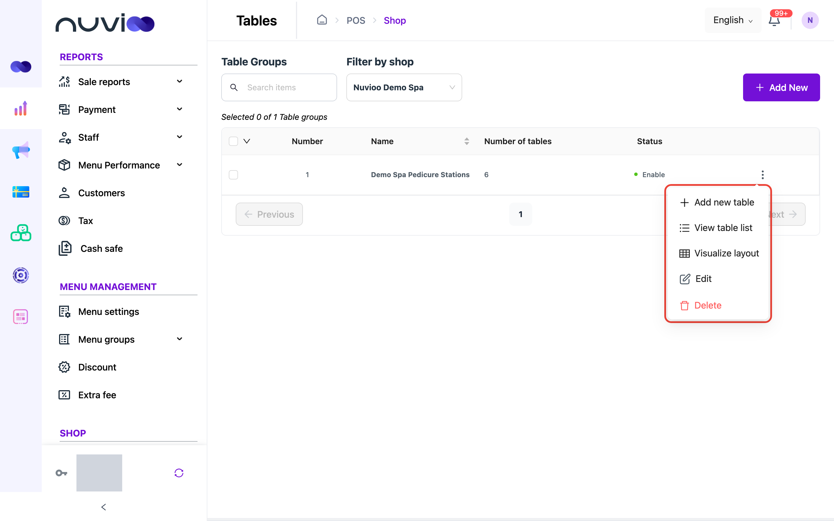 Row actions menu with Add new table, View table list, Visualize layout, Edit and Delete