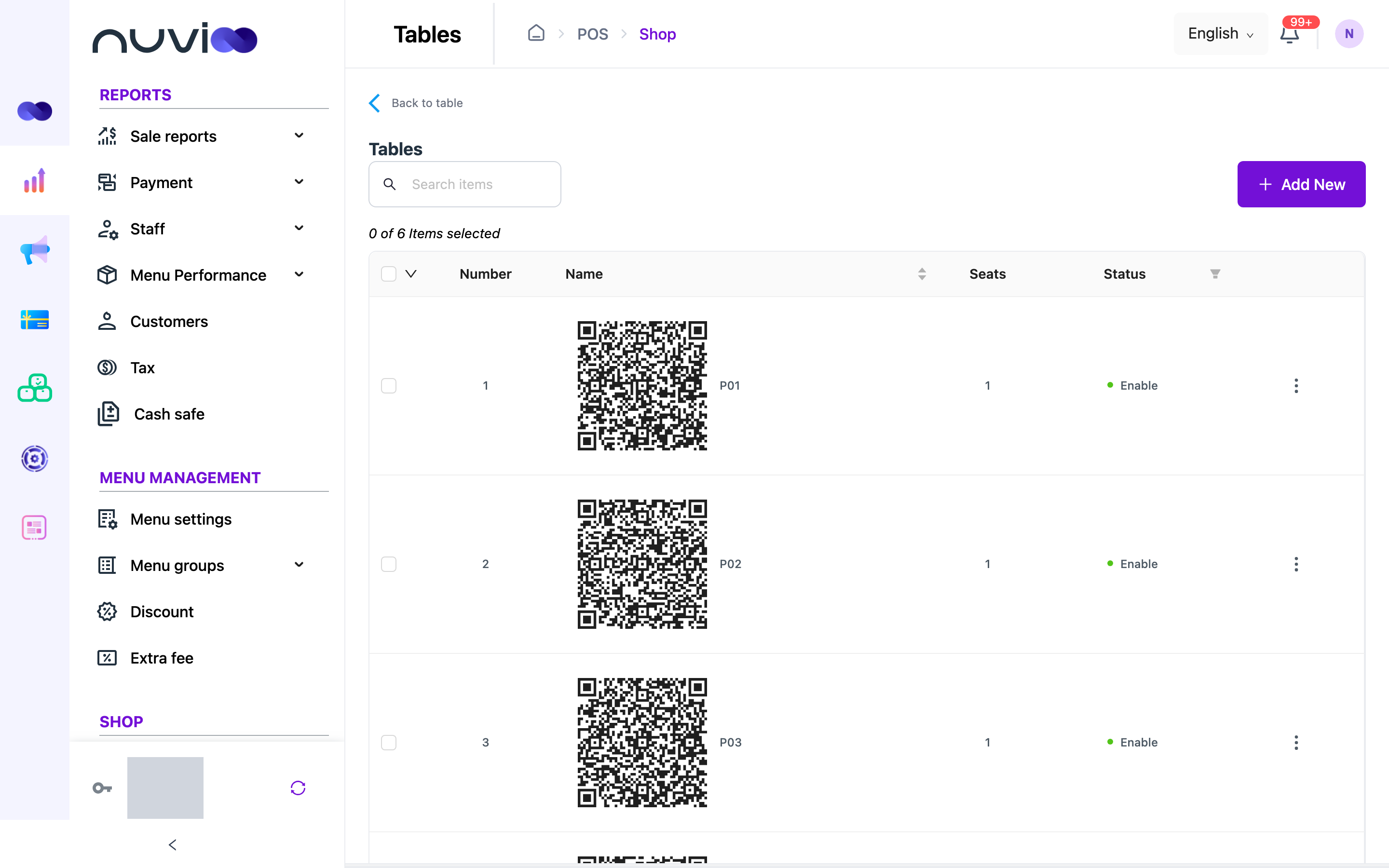 Table list with QR codes for stations P01 to P03